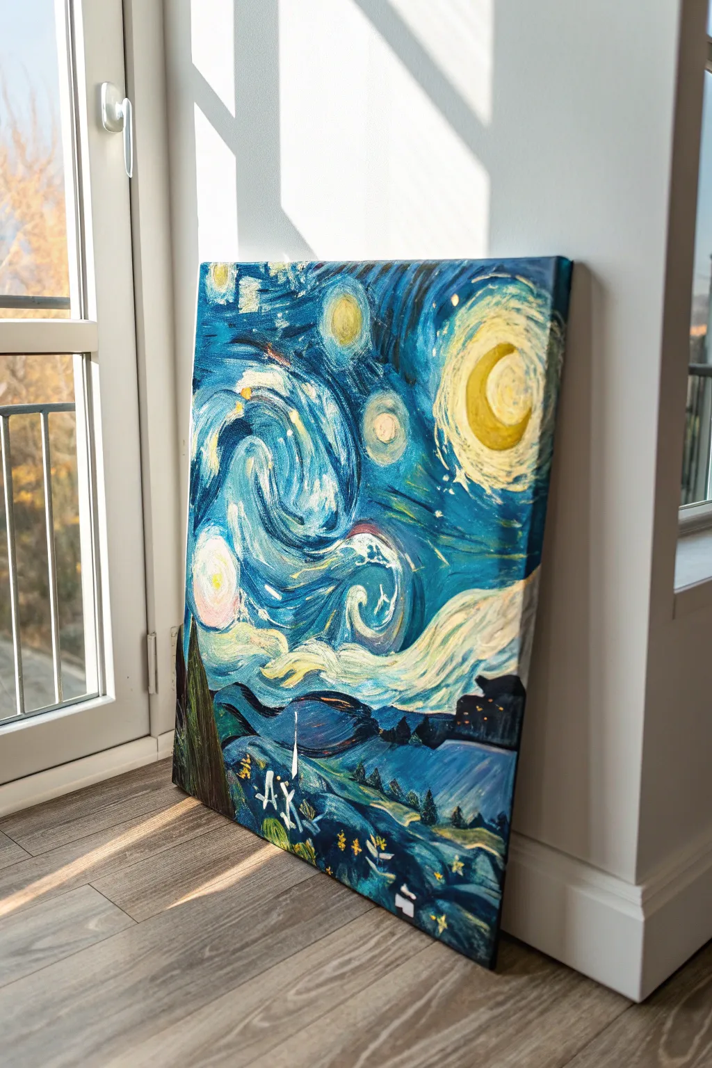 Electric yellow stars over teal and indigo swirls for a bold, high-saturation starry night look