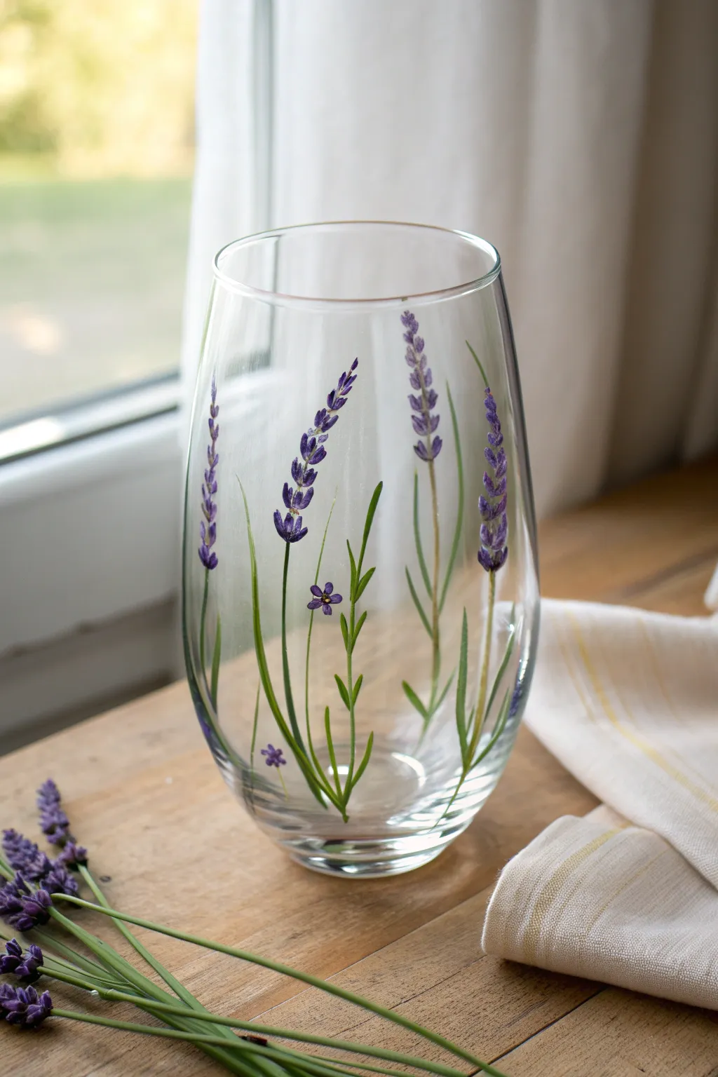 Lavender stalks climbing up a stemless wine glass in soft window light, minimal and boho