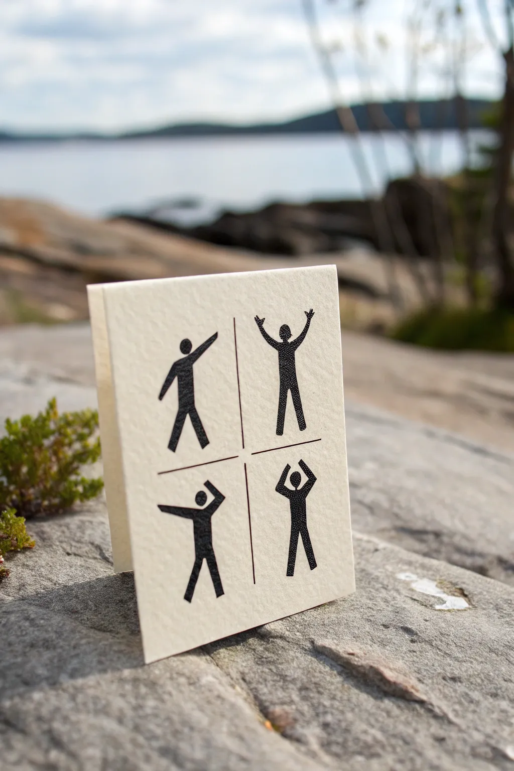 Minimal stickman poses showing emotion through body language in bold boho color blocks.