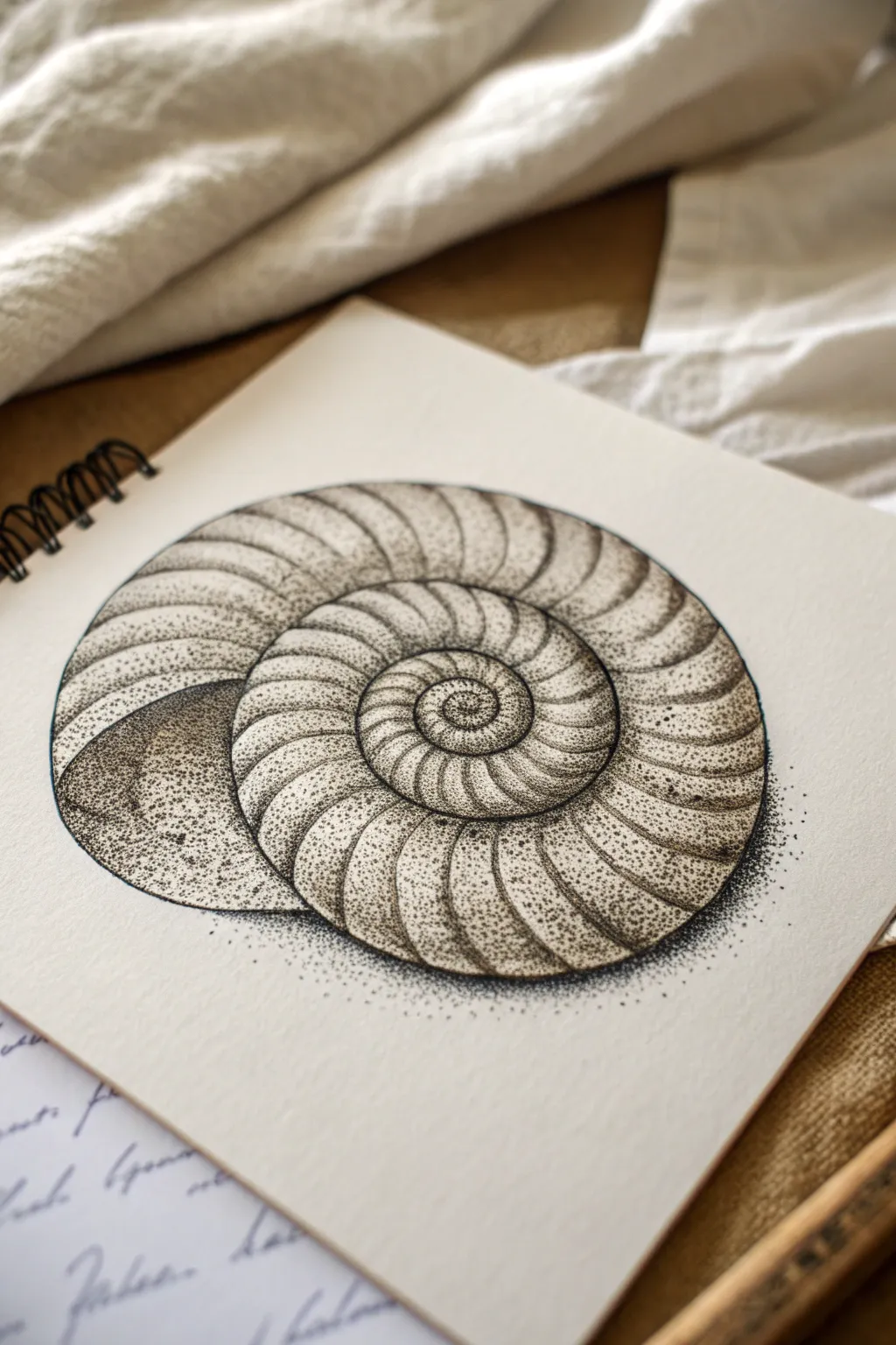 Stipple a spiral seashell with wrapping dots and crisp highlight gaps for a 3D twist