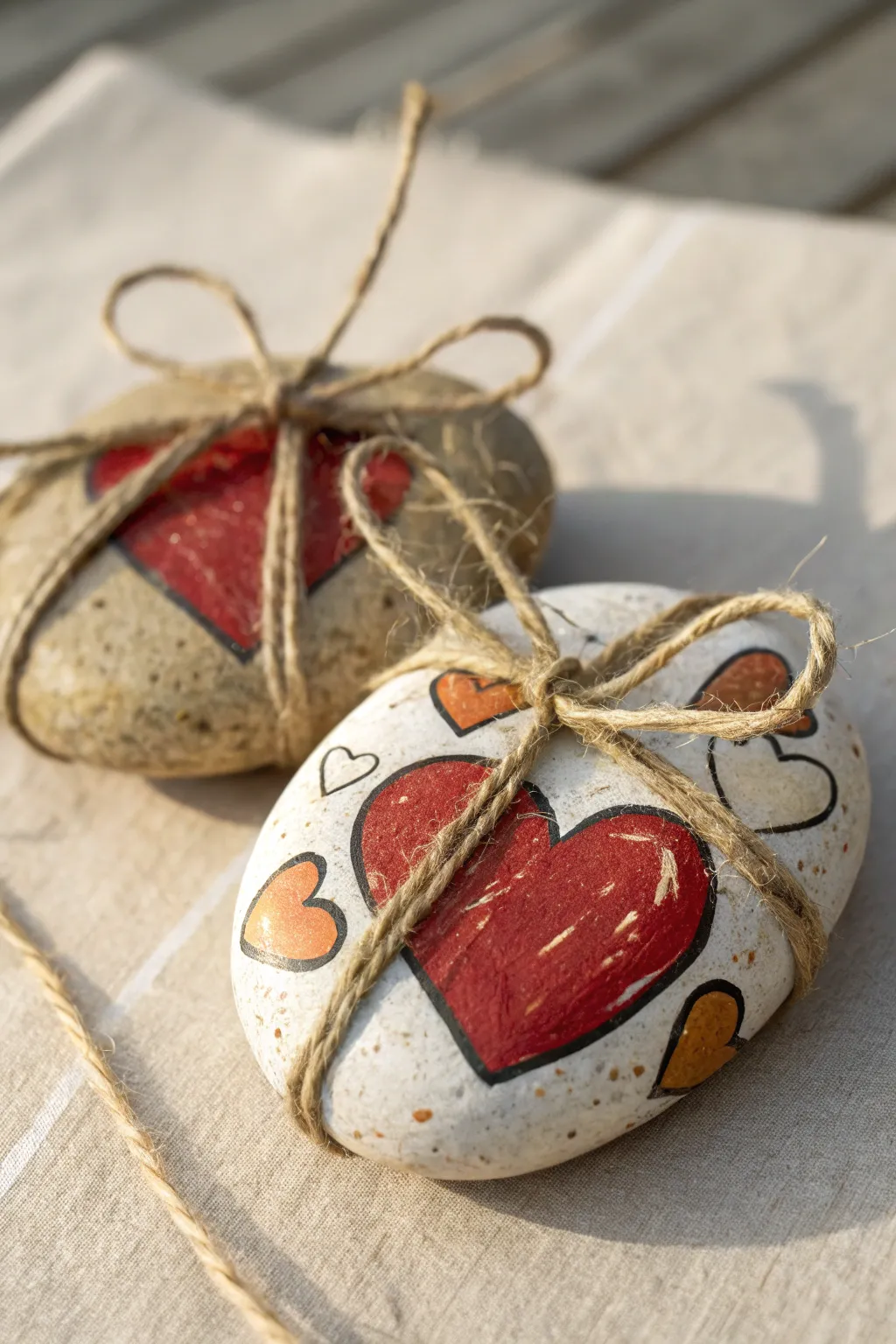 Sweet heart stones with bold painted hearts and twine, a minimalist boho giftable DIY.