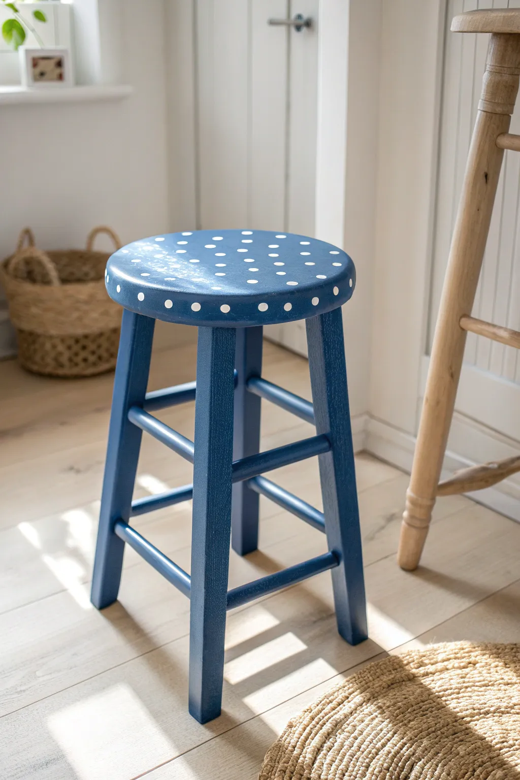 Playful polka dot stool painting idea with bold contrast for a bright, minimalist home.