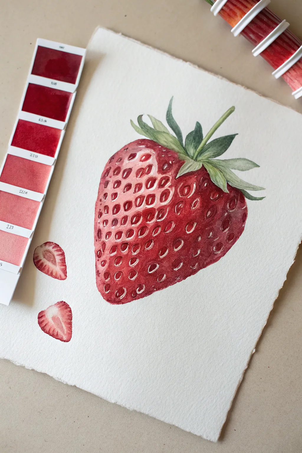 Glazed strawberry layers with stacked red swatches for rich depth and beginner-friendly shading