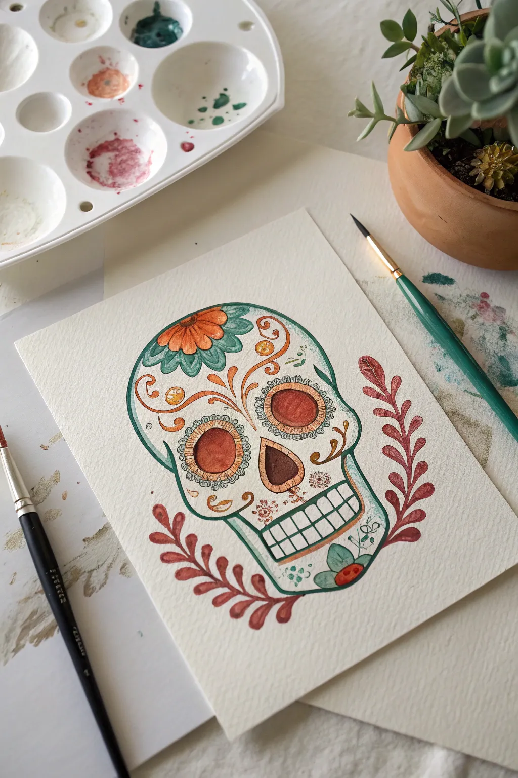 Matte gouache sugar skull with crisp edges and creamy color puddles for a bold minimalist look