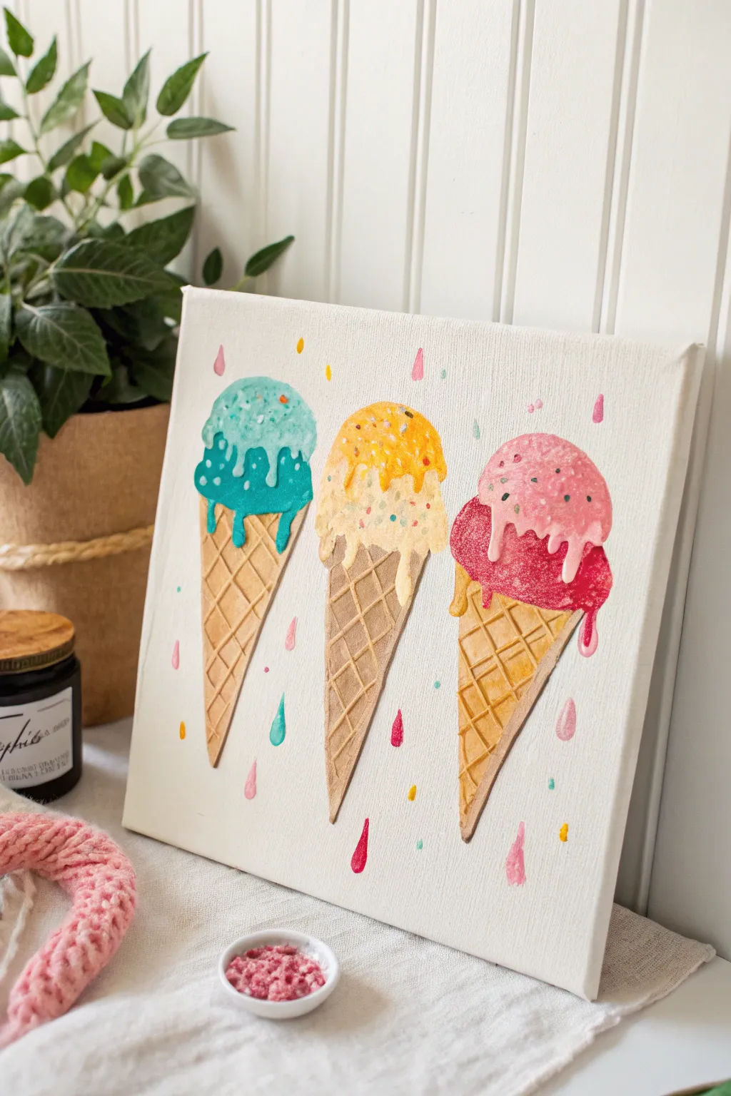 Playful summer paint idea: bold ice cream cones with melty drips on a clean minimal backdrop
