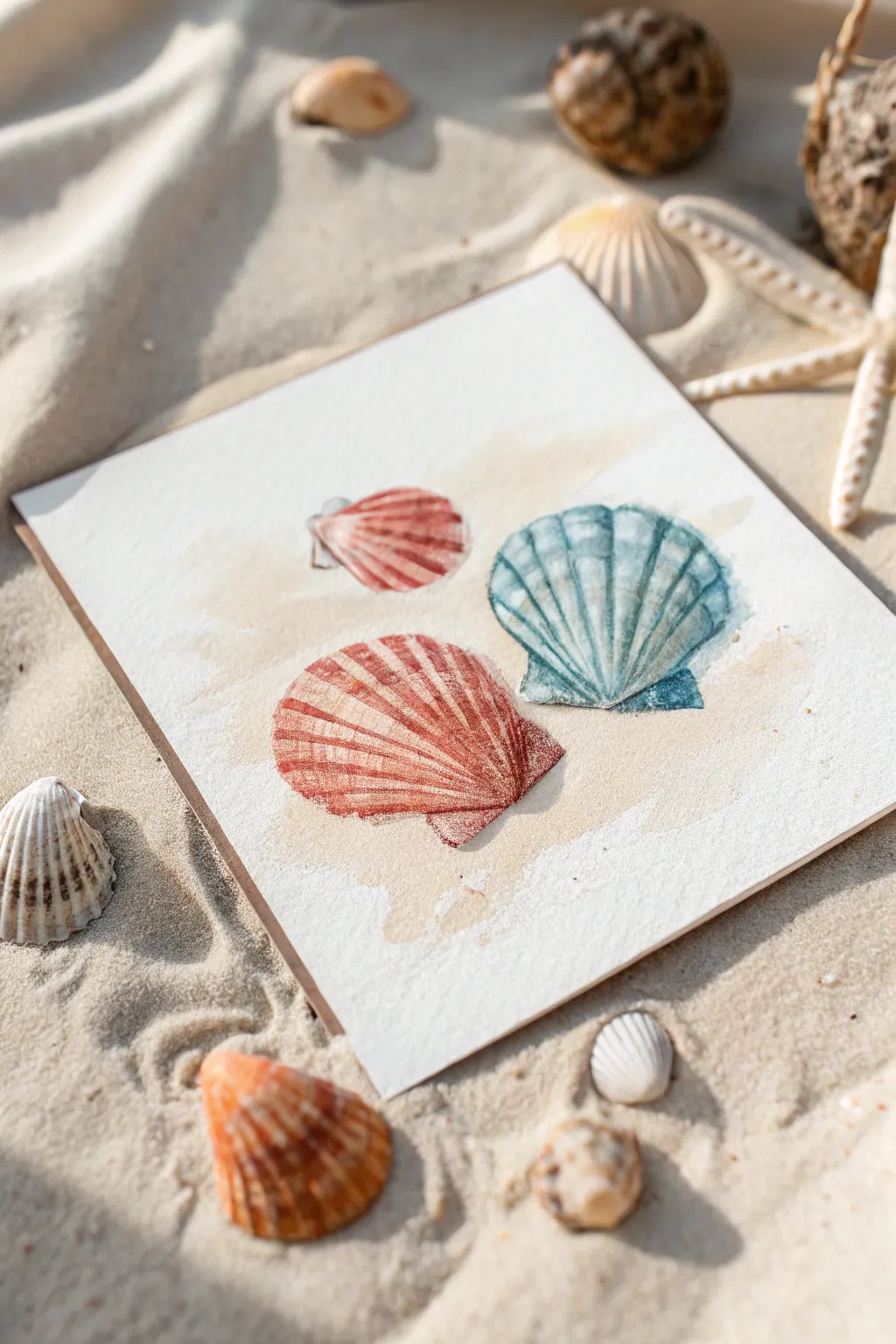 Easy summer paint idea: simple seashell shapes on warm speckled sand with bold color pops