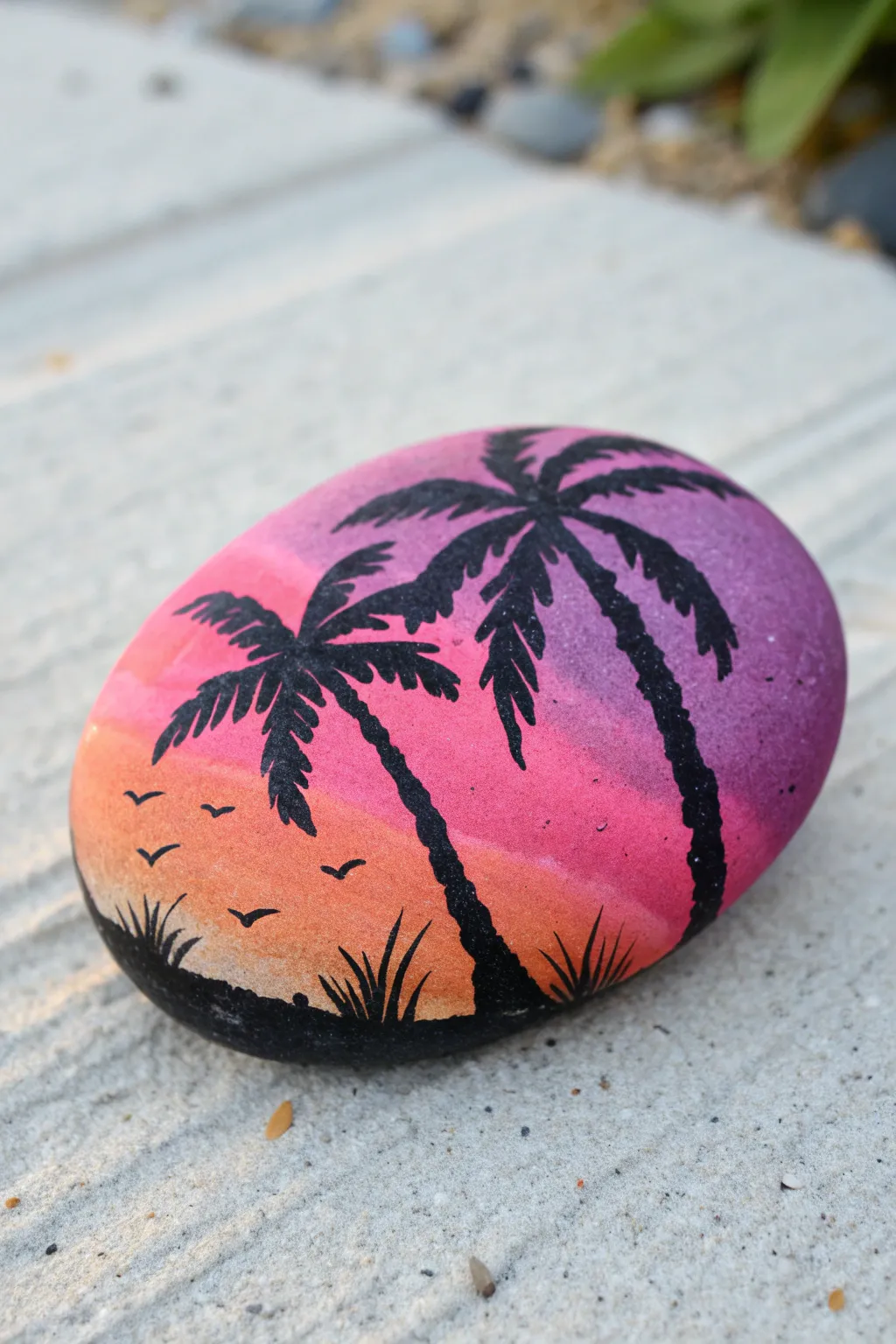 Palm tree sunset rock art in bold gradient hues, minimal boho summer DIY inspiration