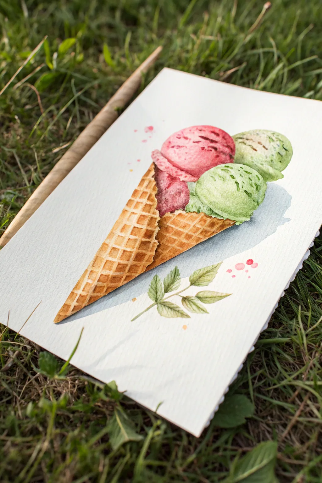 Watercolor ice cream cone highlights with preserved whites and sprinkle dots for summer fun