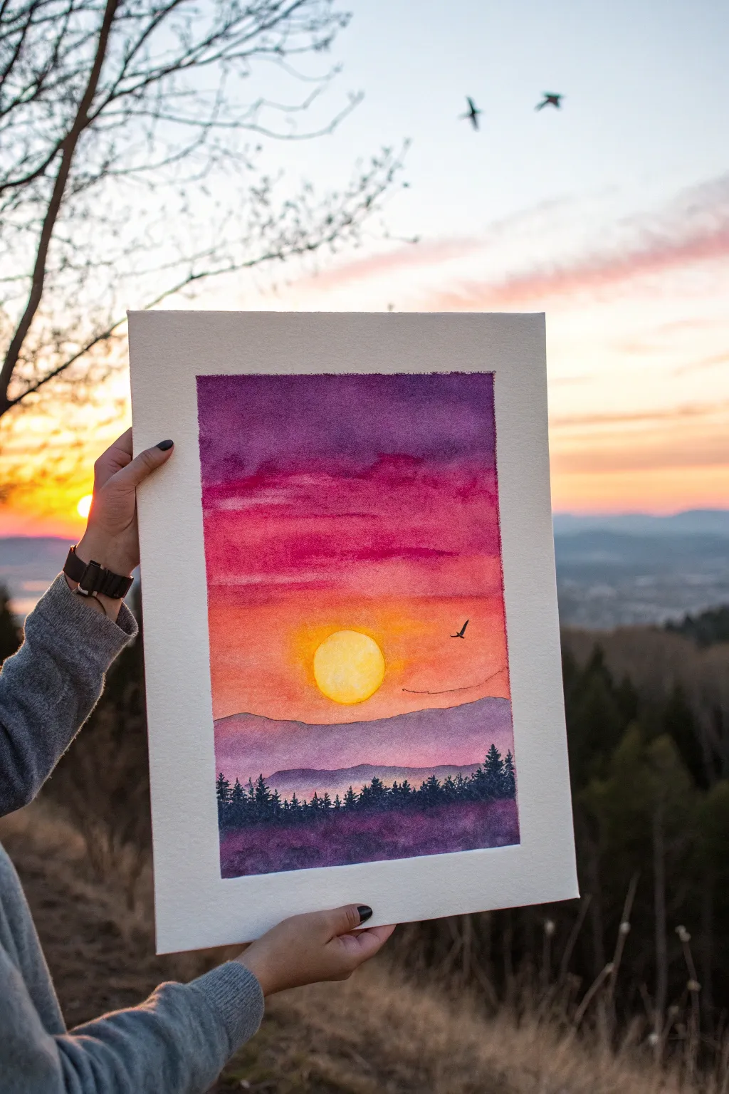 Soft sunrise gradient with bold contrast and simple birds in flight for a chic minimalist painting idea