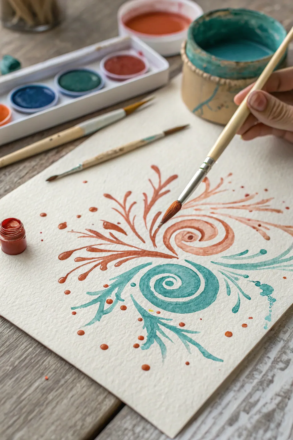 Straw-blown swirl bursts with airy tendrils on a calm cream base in bold modern color