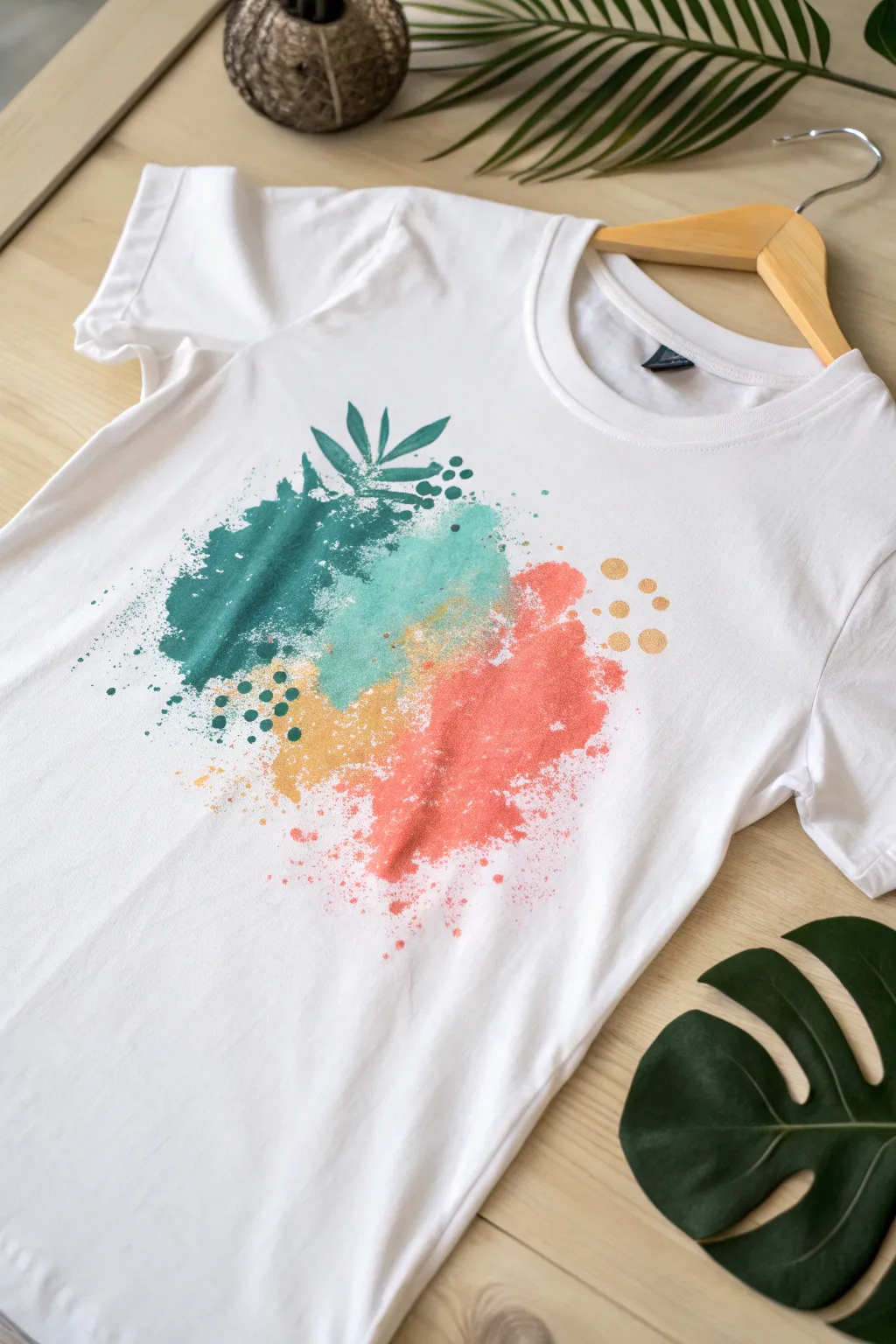 Bold watercolor splash motif on a minimal white tee, crafted flatlay with Scandinavian calm and color pop