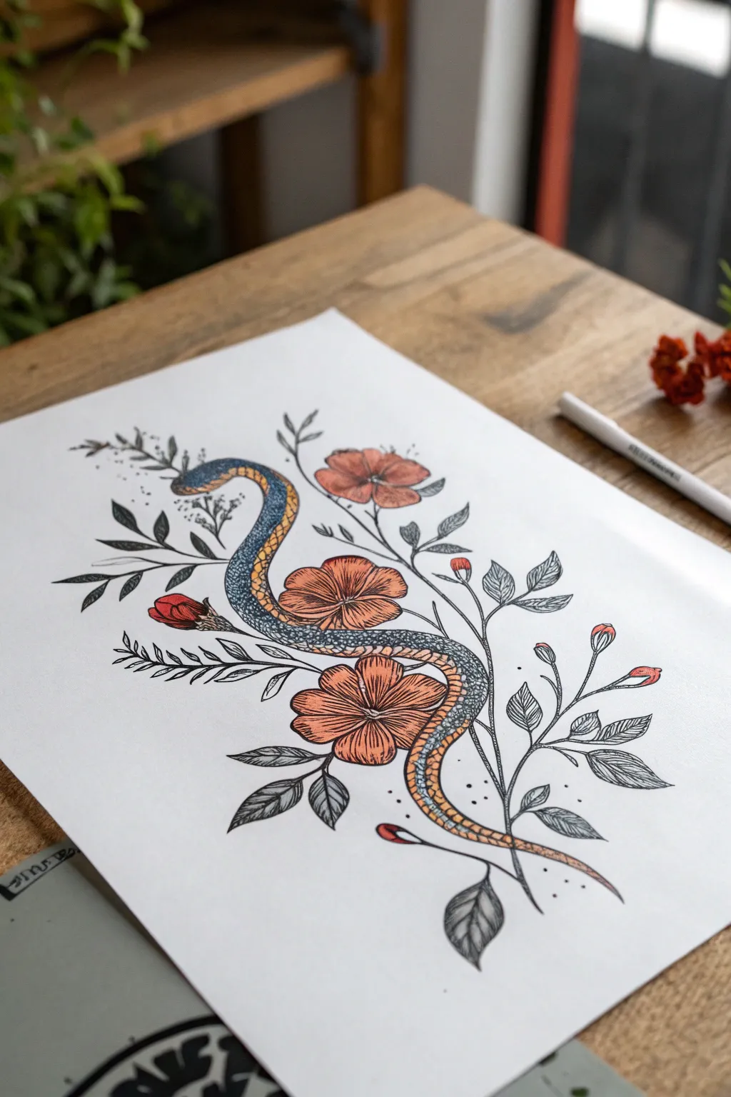 Floral snake wrap tattoo sketch with airy stipple shading and bold boho color accents