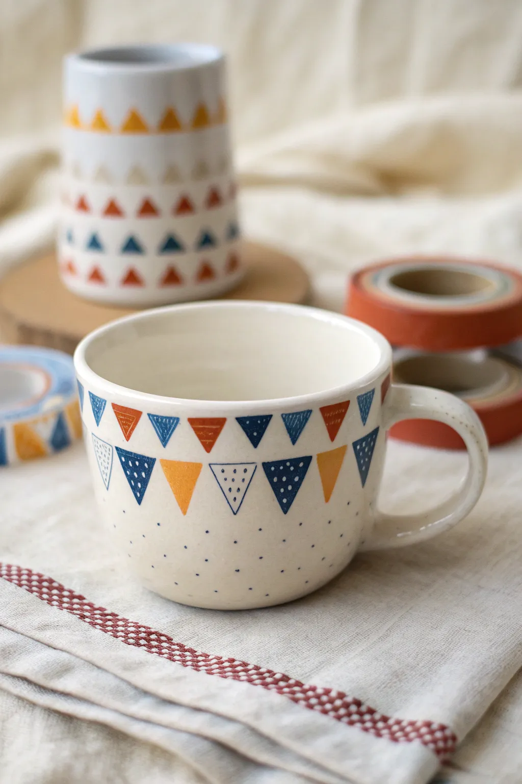 Modern tape-made geometric bands turn a simple teacup into a bold minimalist statement.