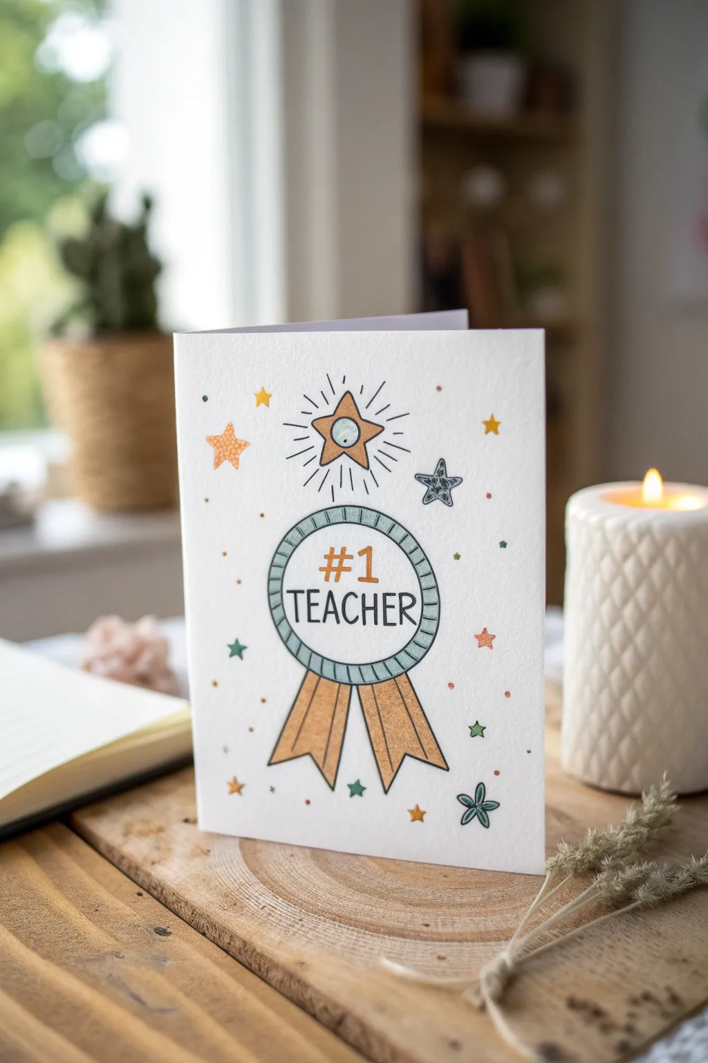 Minimalist award ribbon drawing for Teacher Appreciation Week, bold color and handcrafted charm.