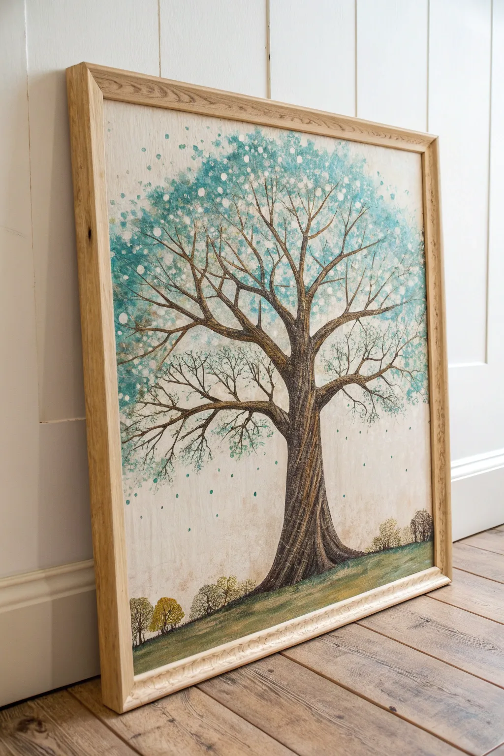 Dreamy fantasy tree with teal foliage on a minimal neutral canvas, Scandinavian boho vibe