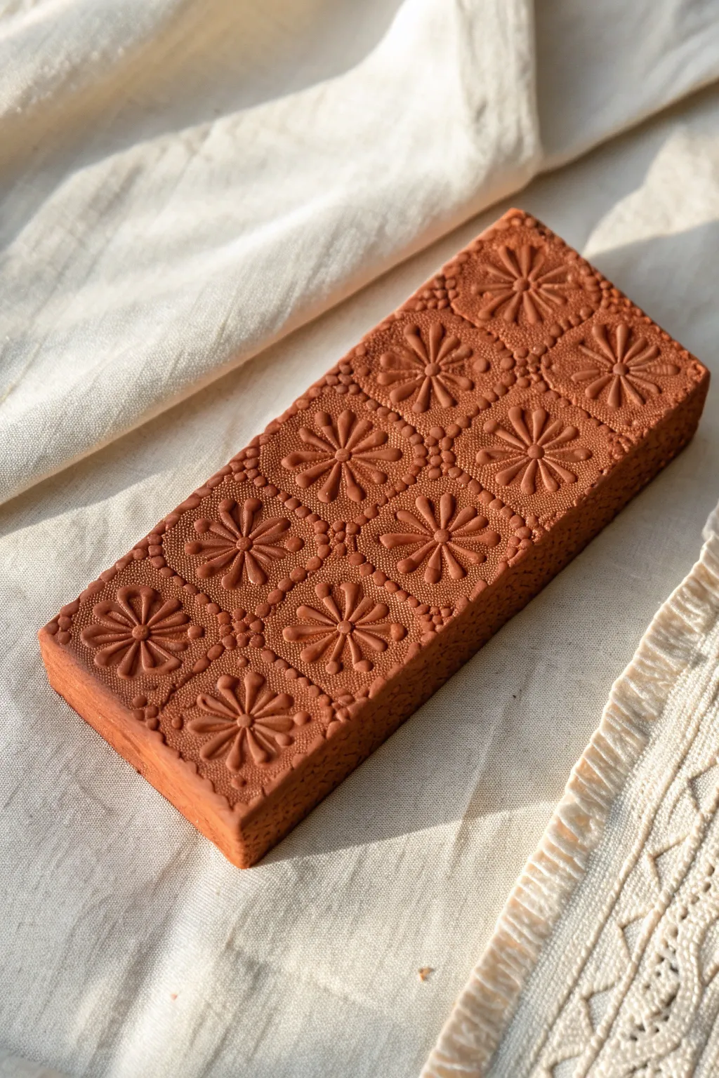 Delicate lace impressions in bold terracotta paste for effortlessly elegant texture art.