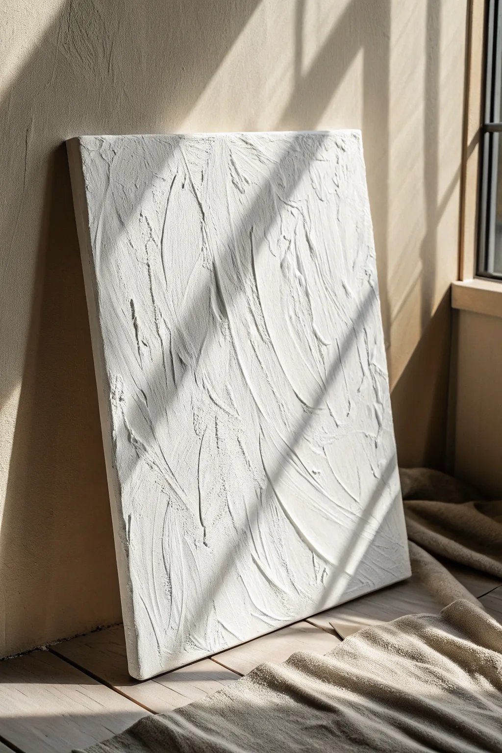 All-white textured acrylic study with dramatic shadow play, minimalist with a boho touch.