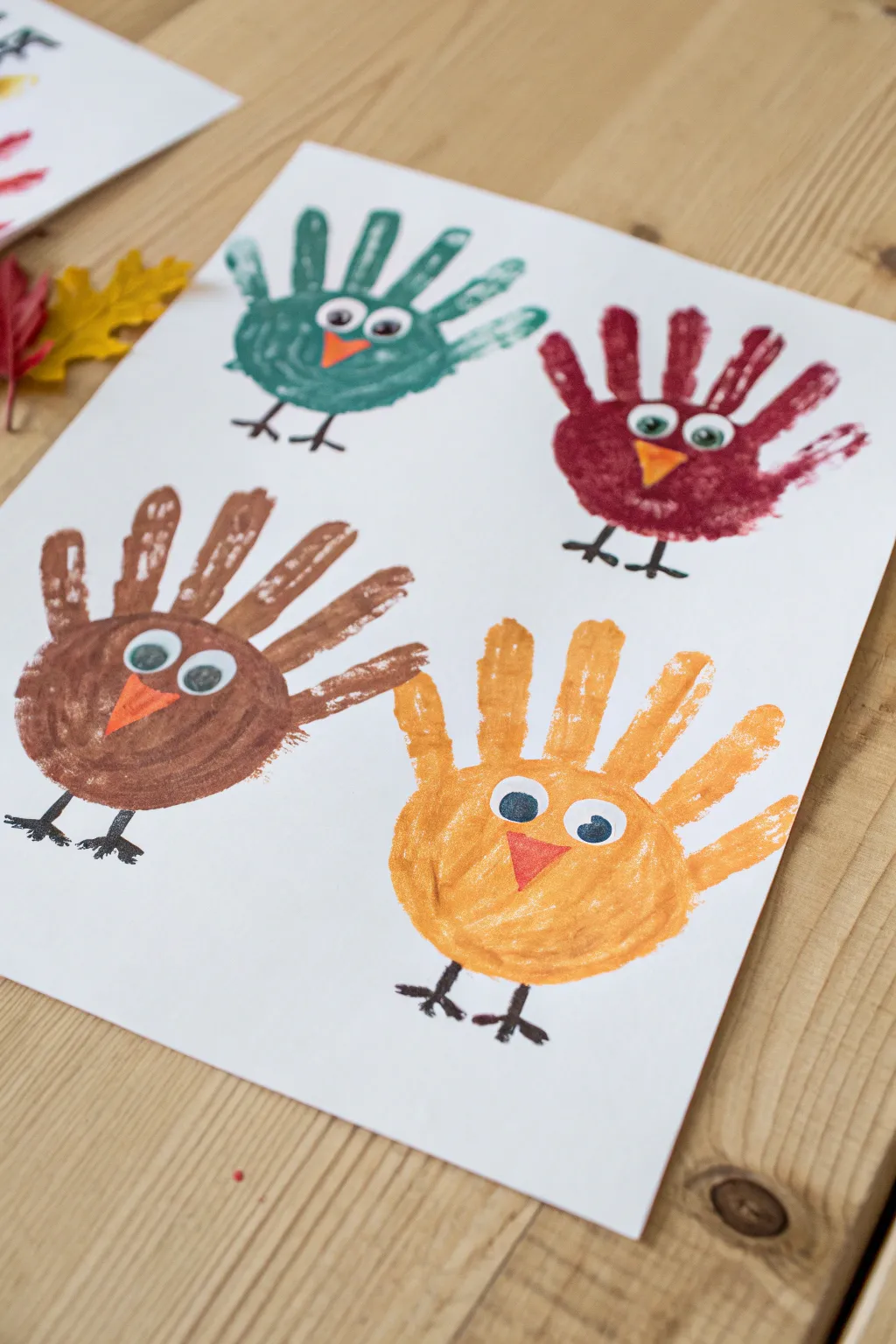 Goofy handprint turkey faces—easy Thanksgiving finger paint with bold autumn colors and clean style