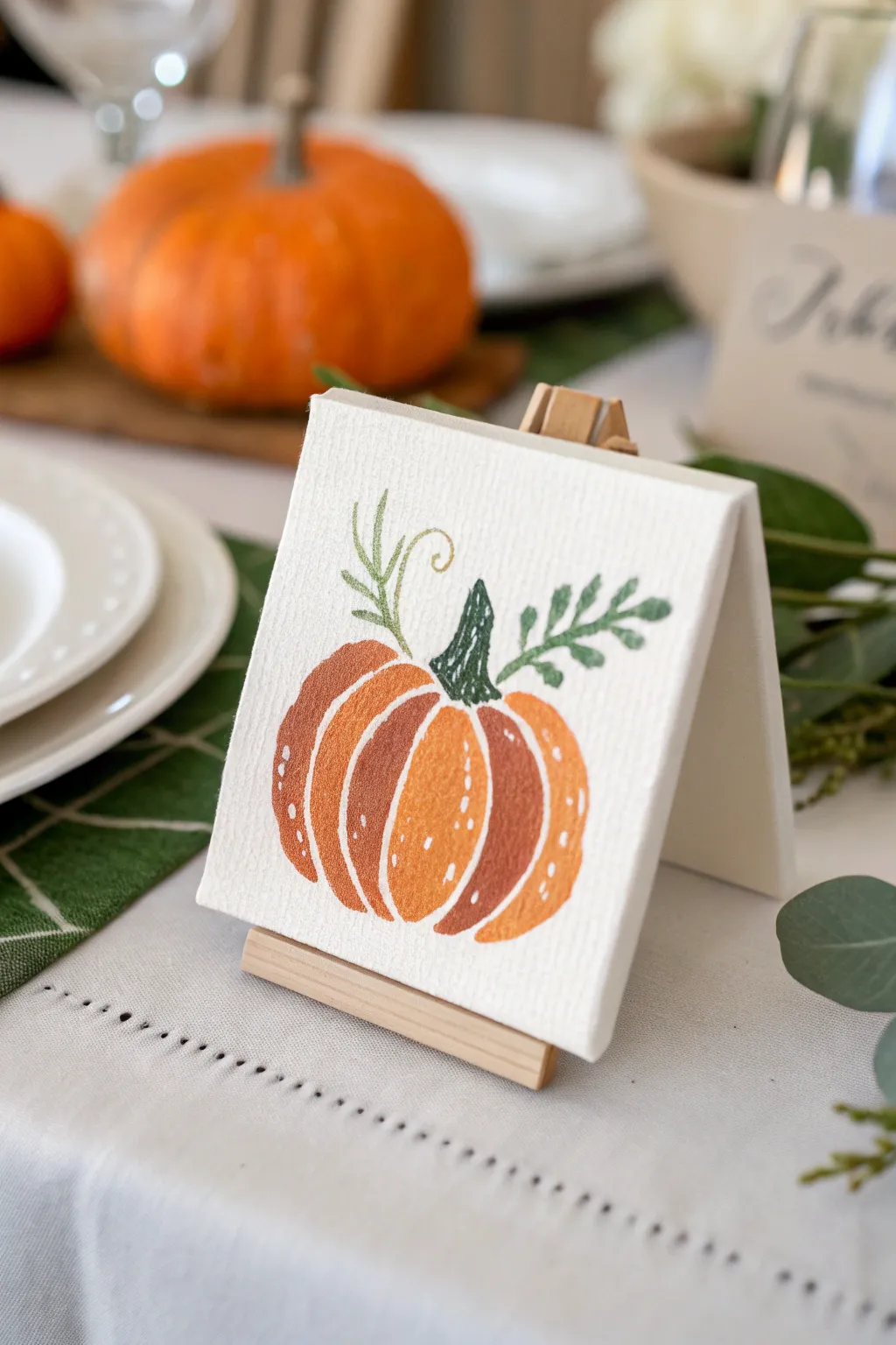 Minimalist Thanksgiving mini canvas place card with a bold pumpkin for an elevated paint night.