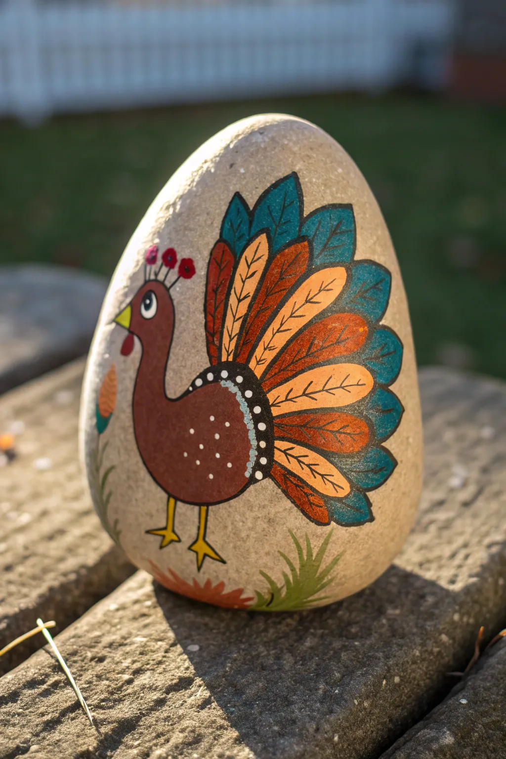 Glitter-kissed turkey feathers on a painted rock, softly shimmering in angled autumn light.