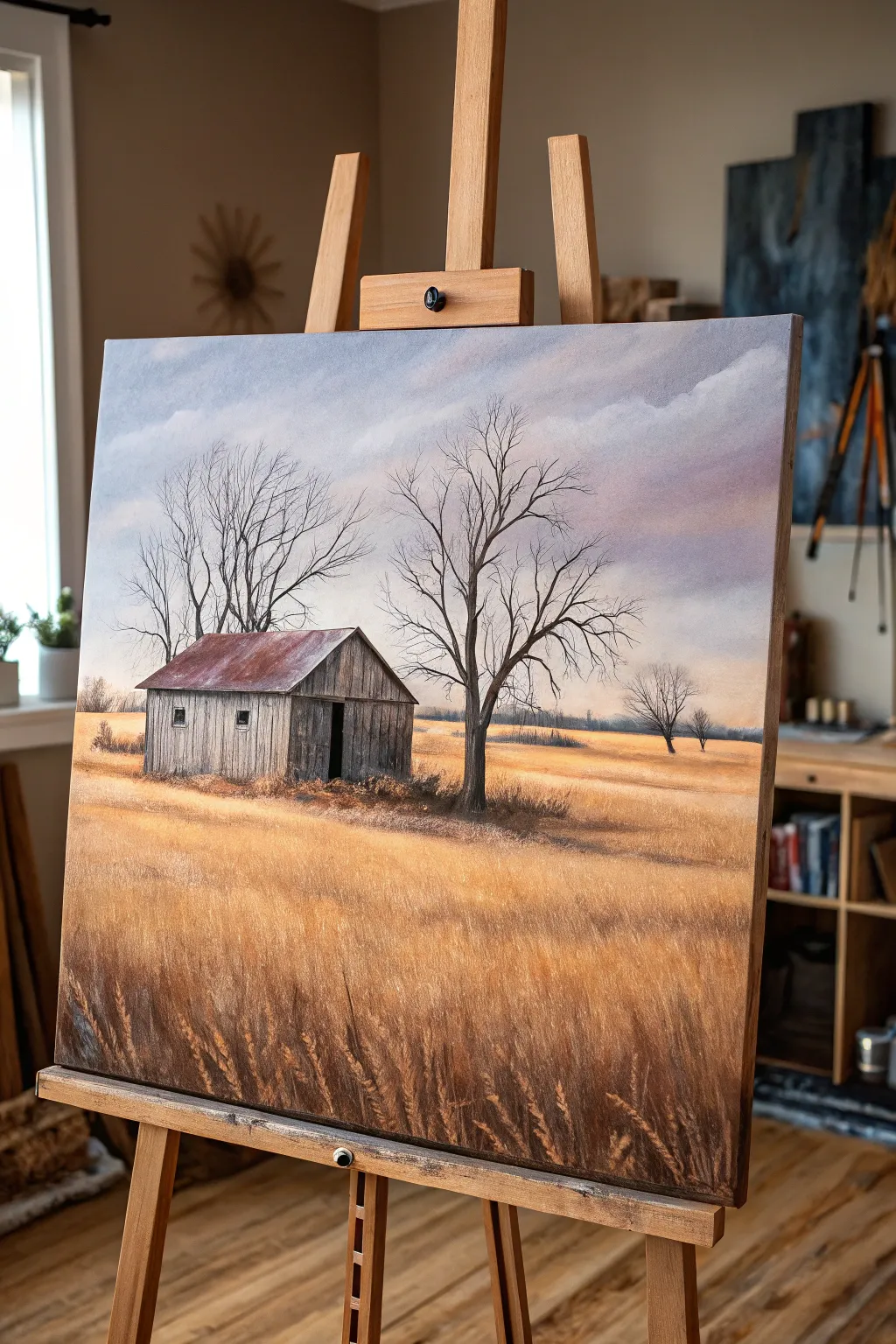 Rustic barn painting inspiration with late-November amber skies and bold harvest-season contrast.