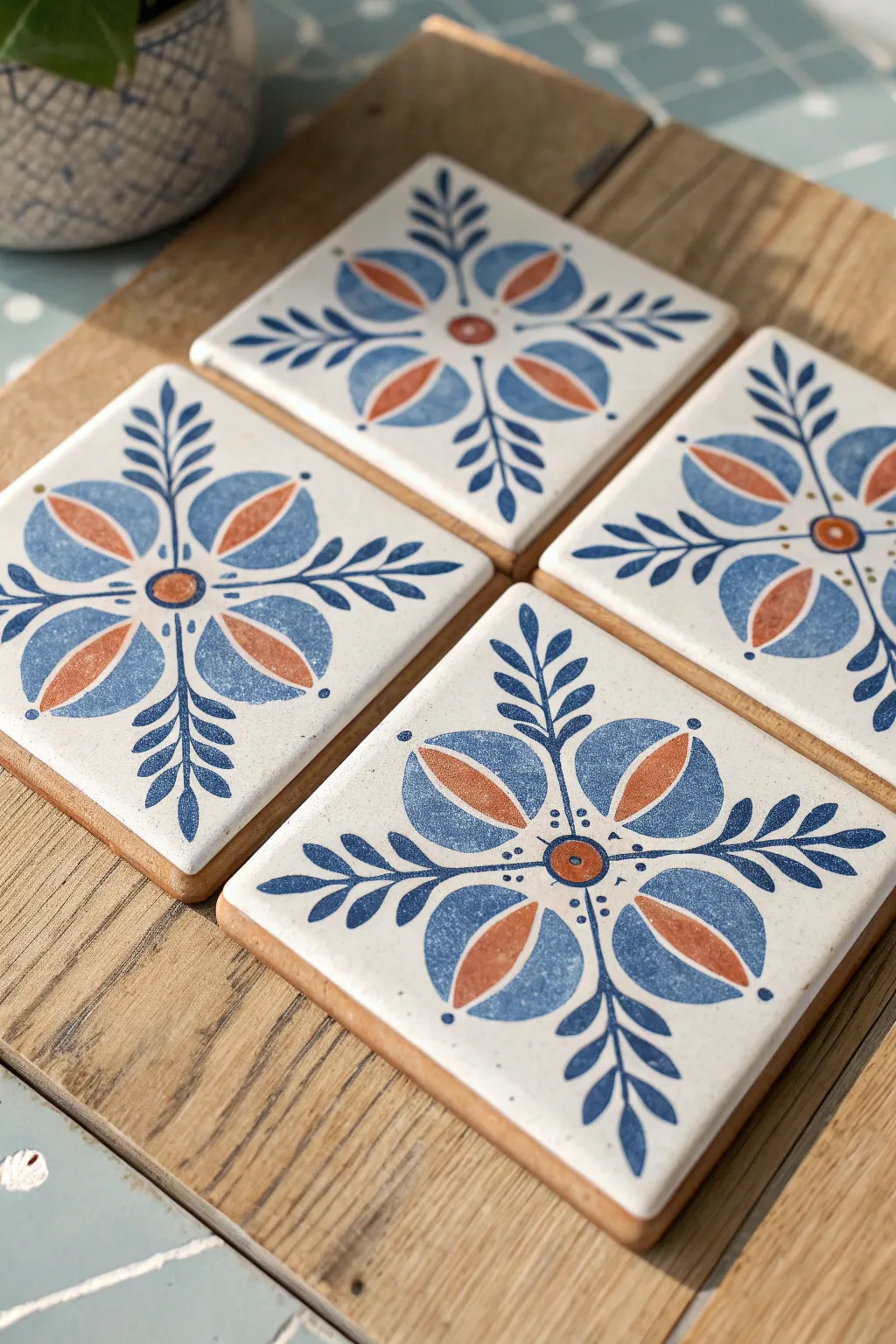 Bold blue and terracotta painted tile coasters in a matching set, styled minimal and ready to use.