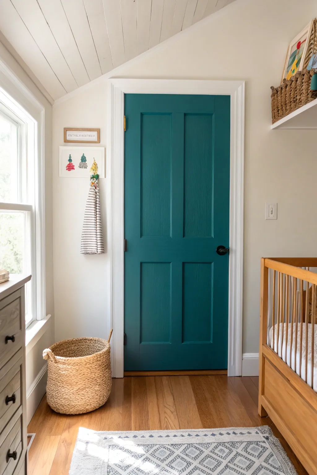 A bold blue-green painted door makes a playful, easy-to-update statement in a calm toddler room