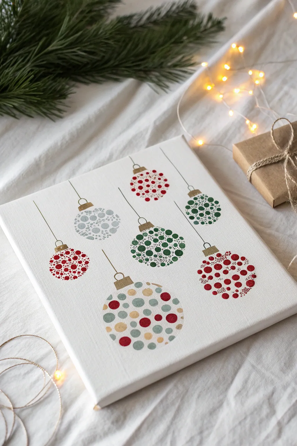 Fingerprint baubles on canvas: bold red, green, and gold toddler art with a Scandinavian boho vibe
