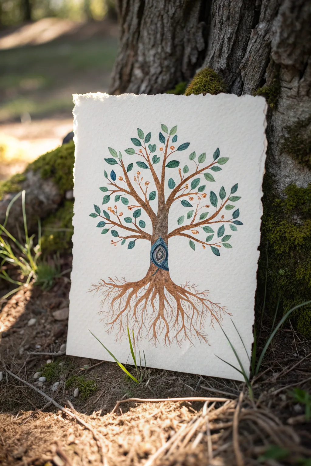 Root and base study: flared roots, clean soil fade, and a crisp shadow that grounds the tree