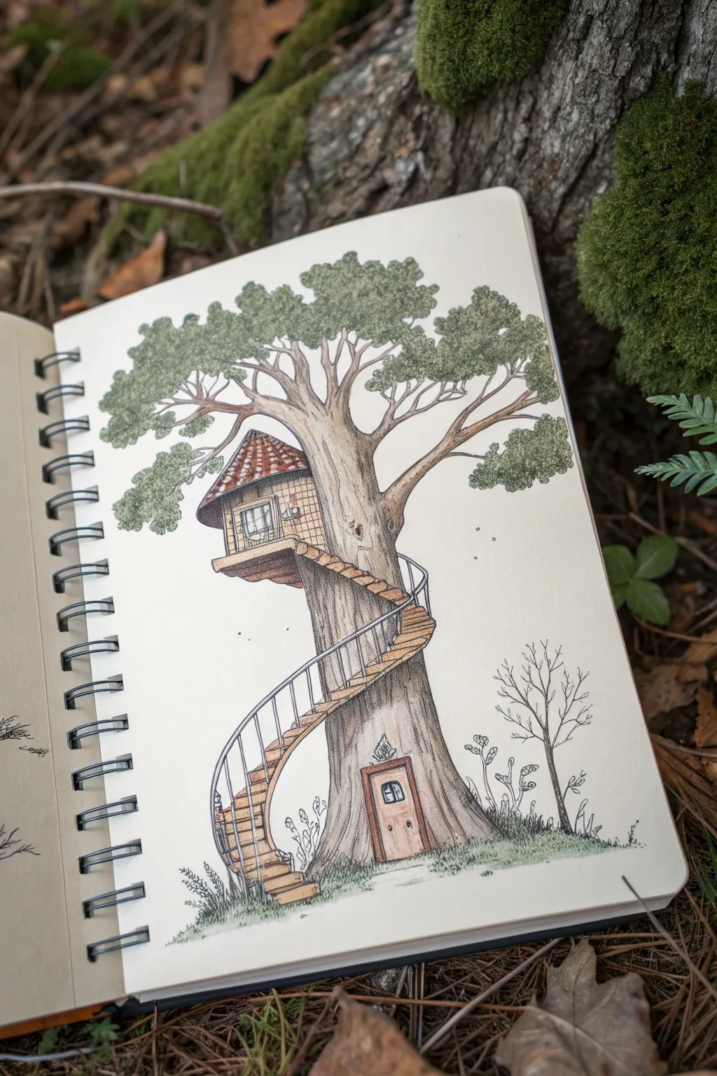 Minimal tree house sketch with spiral staircase, bold boho accents for dreamy Pinterest boards.