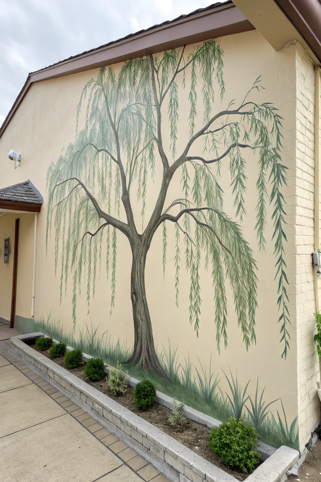Weeping willow mural in muted greens and grays for a calm, drapey, spa-like wall mood