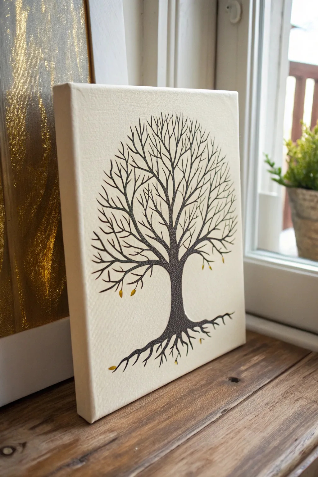 Minimal Tree of Life with subtle gold metallic highlights for elegant, modern impact