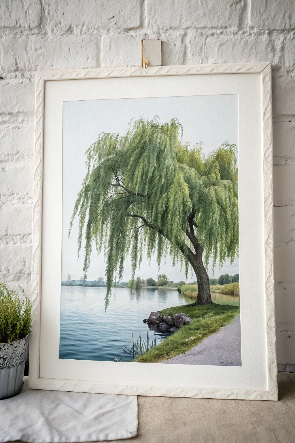 Minimal willow tree painting with draped green branches and a calm reflection, bold yet serene.