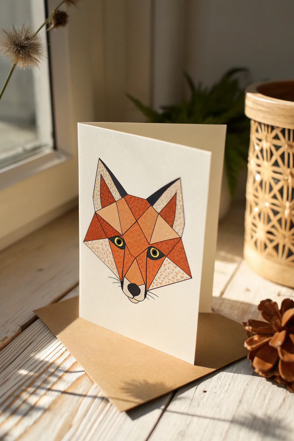 Modern fox face built from triangles, bold eyes and clean lines in warm, high-contrast color