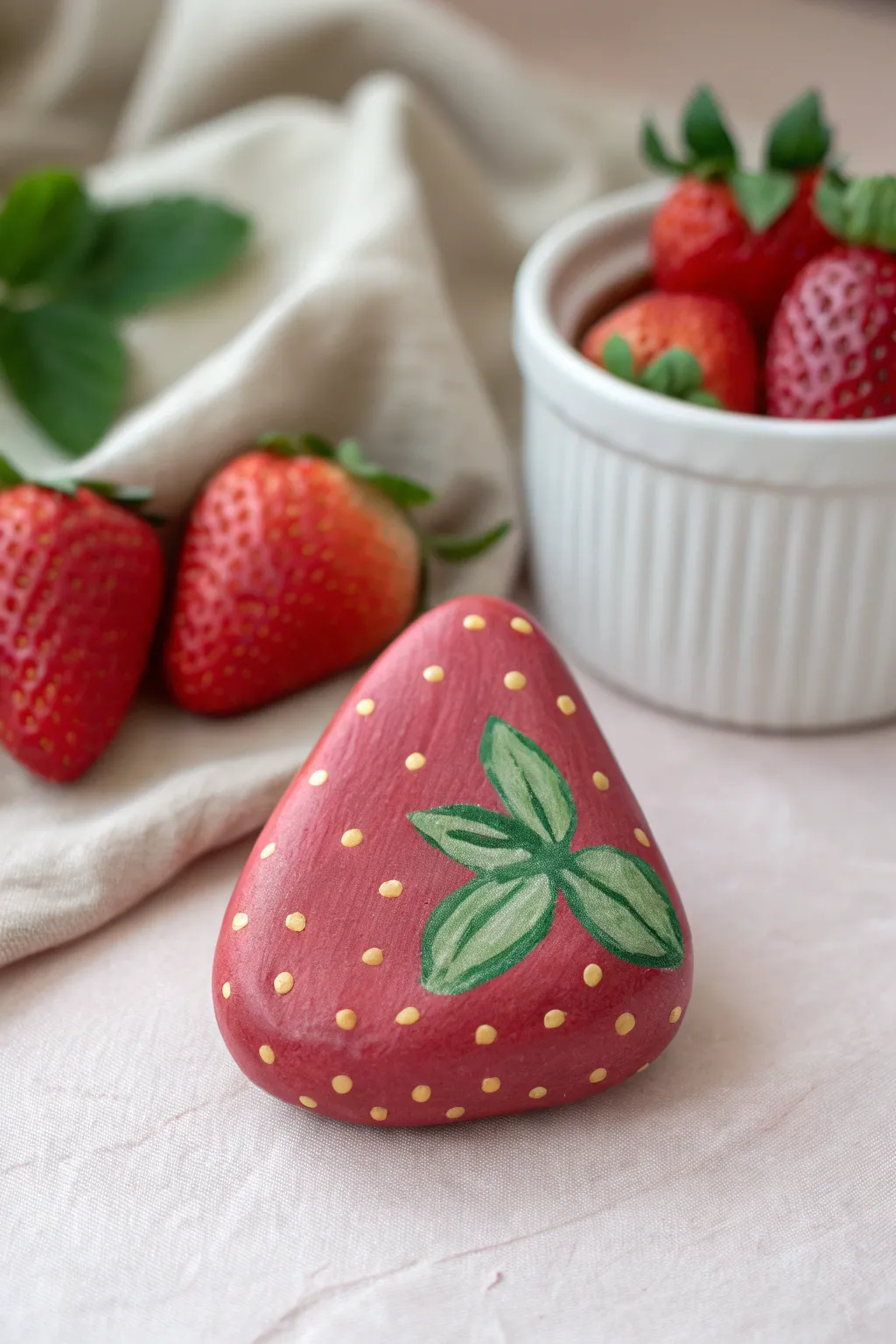 Strawberry-inspired triangle rock: bold berry red, tiny seeds, and a leafy green top