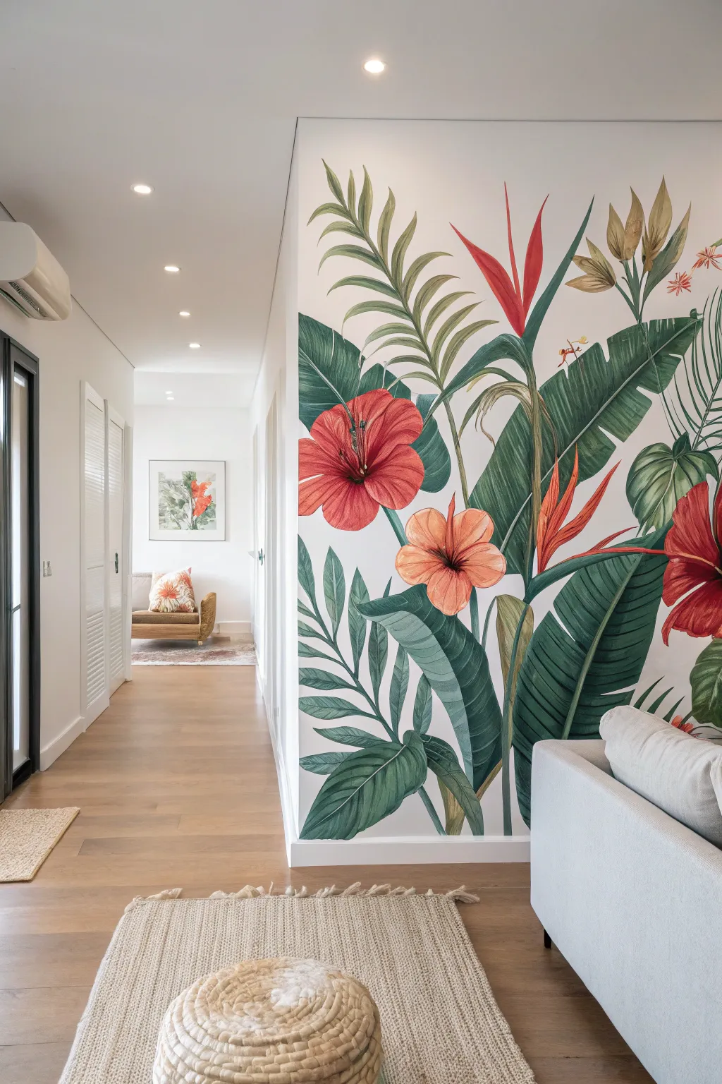 Hot coral hibiscus and bird of paradise pop against glossy leaves in a breathable minimalist room