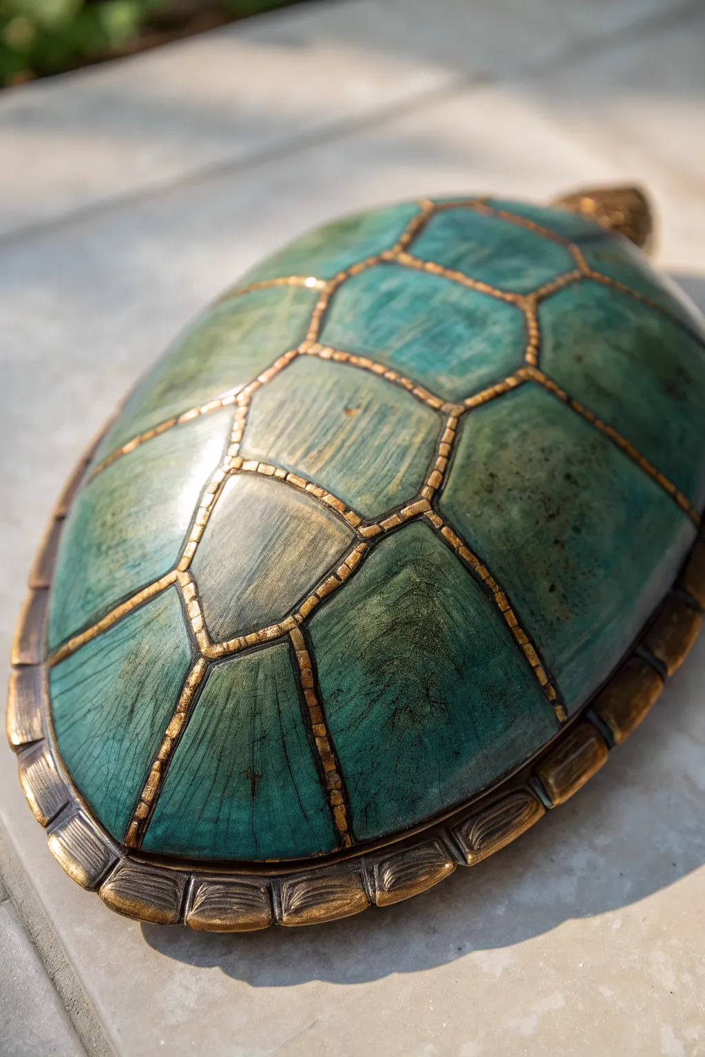 Metallic-edged turtle shell painting with antique patina tones and a warm, treasure-like glow