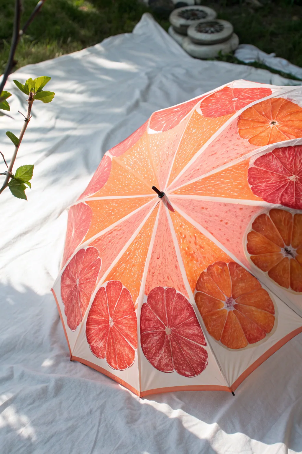Top-down fruit slice umbrella canopy, bold color pop with clean Scandinavian minimal vibes.