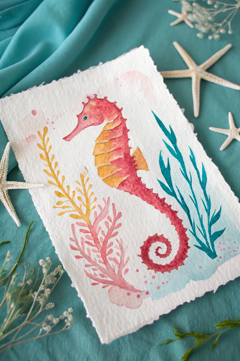 Bright minimalist seahorse painting with an easy curled tail on a bold teal underwater gradient