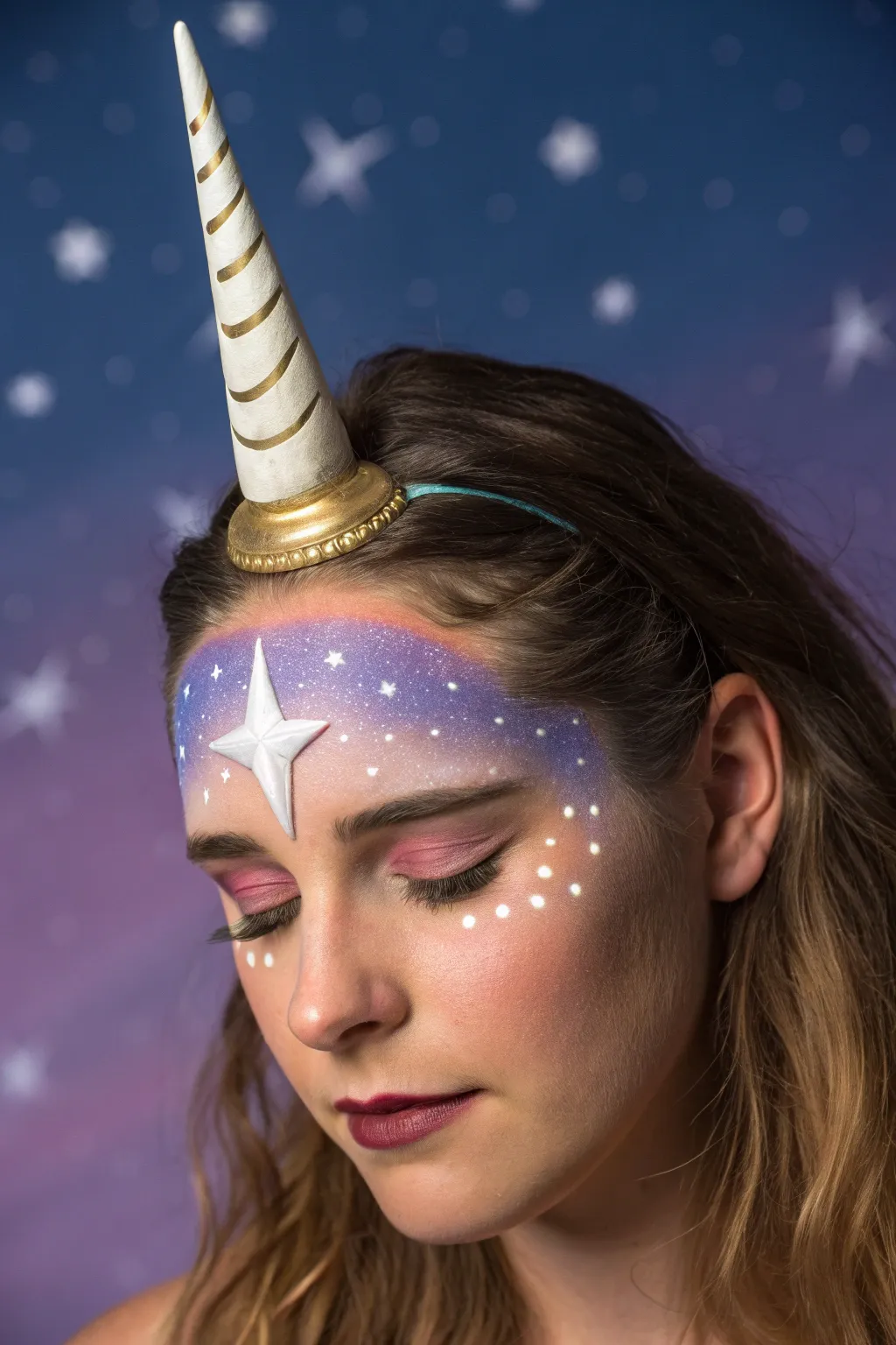 Galaxy unicorn face paint with a centered horn, starbursts, and shimmering brow-bone twinkles