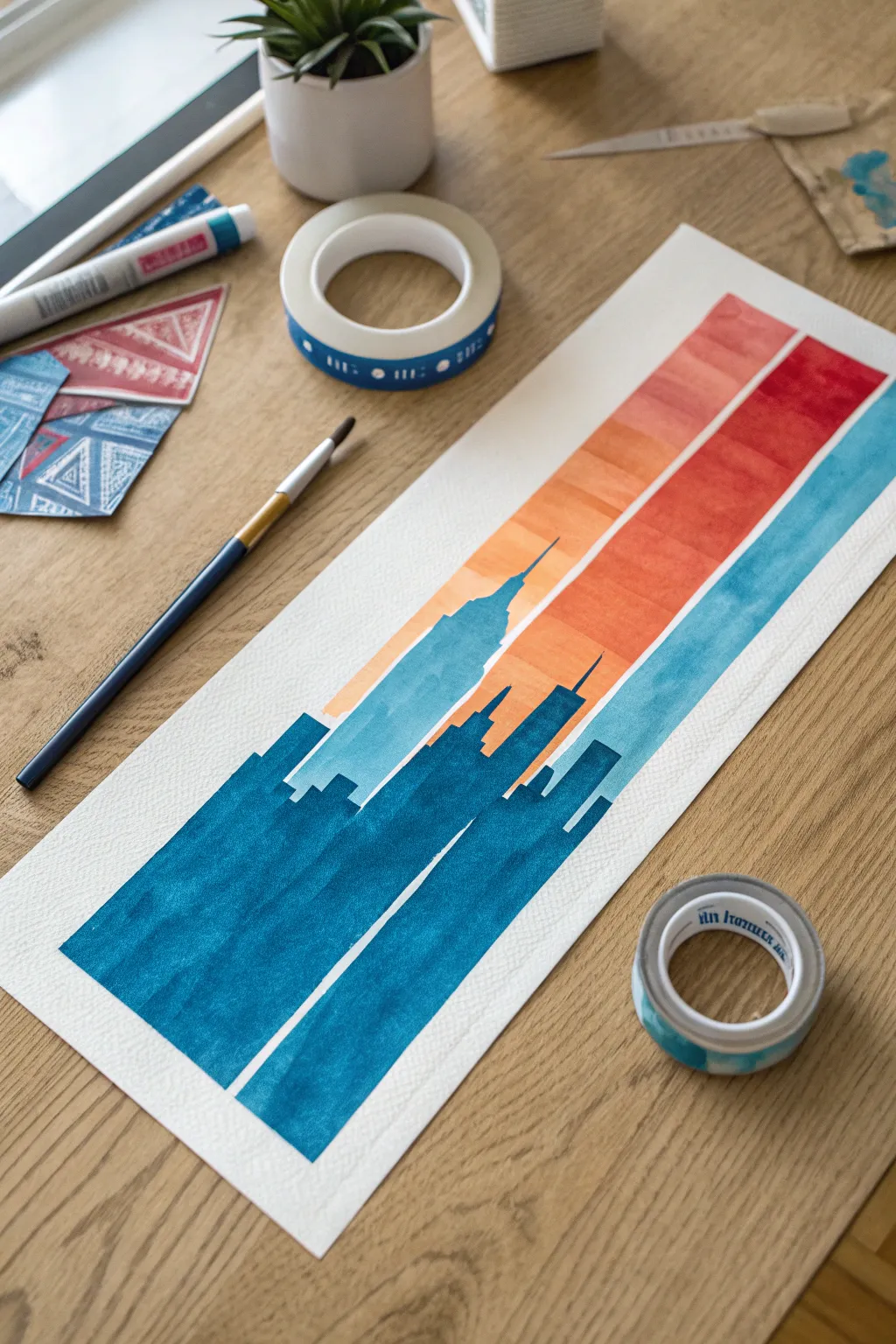Tape-resist cityscape mid-process with razor-sharp lines and vibrant washes in minimalist style