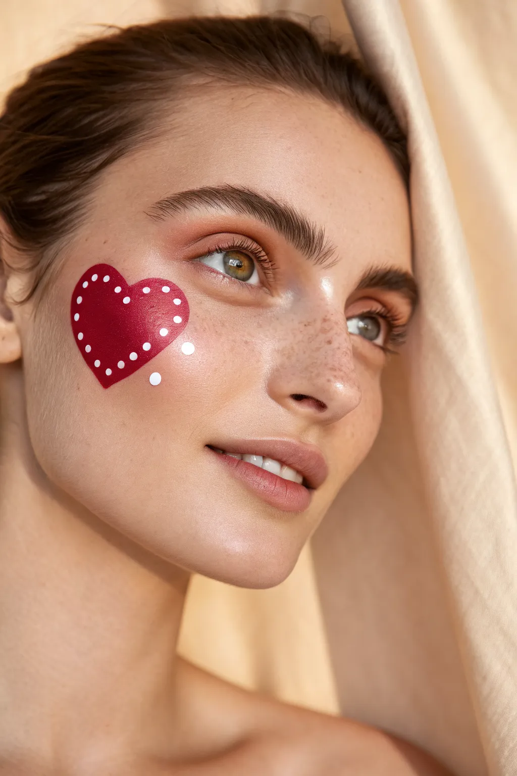 Half-face heart mask framing one eye with crisp lines and bright white highlights on a minimal backdrop.