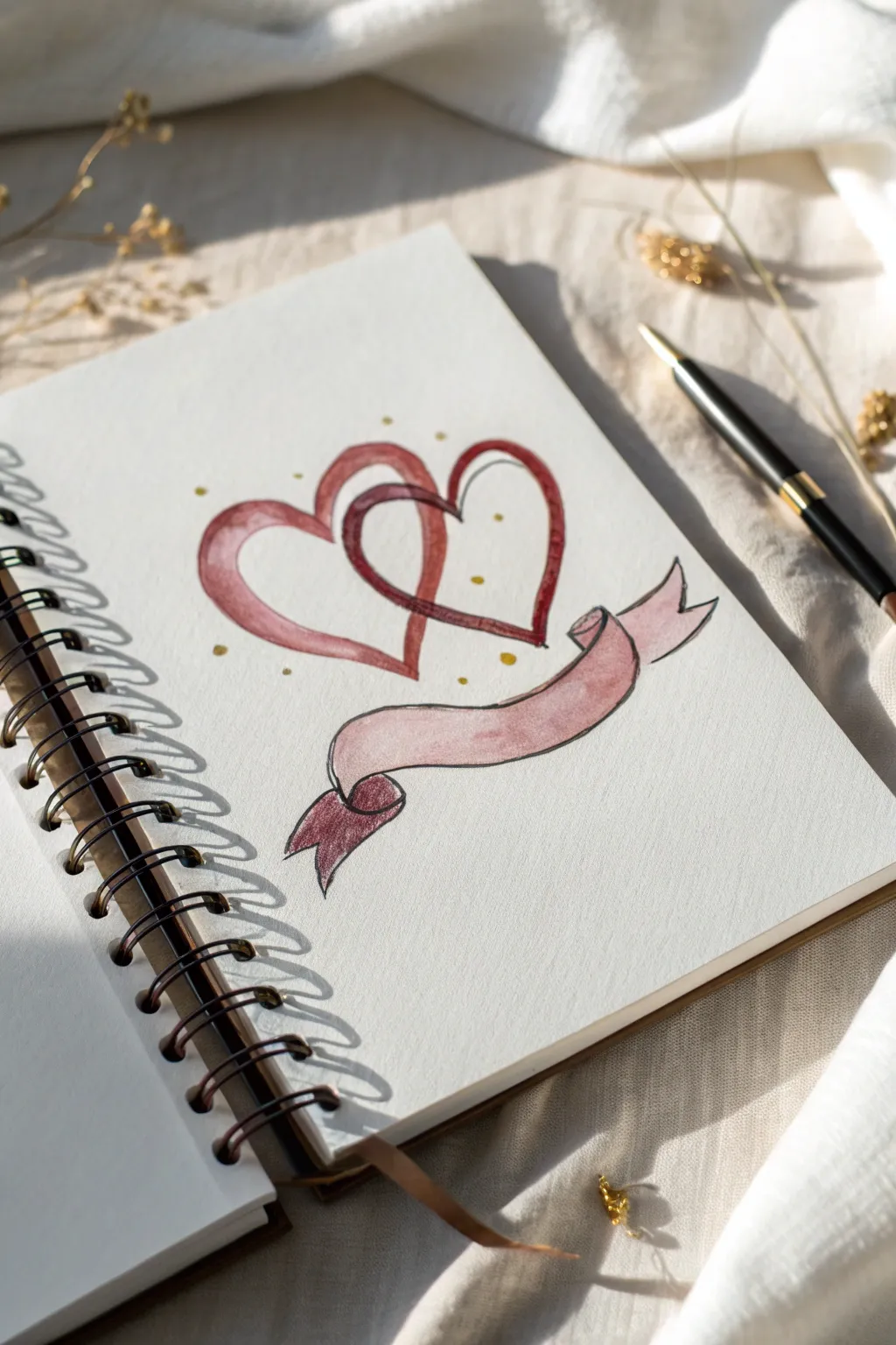 Minimal intertwined hearts with flowing ribbon banner, bold reds and clean Scandinavian calm.