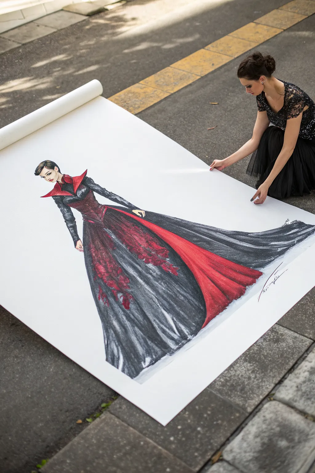 Villain ballgown sketch with torn train, sharp bodice lines, subtle armor, and vivid inner lining