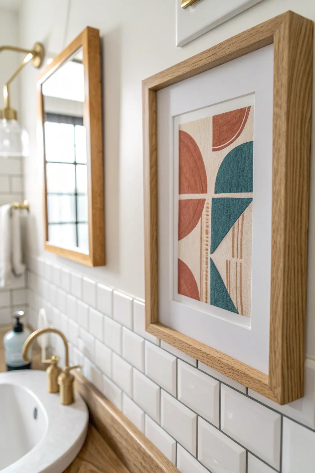 Petite framed abstract beside the mirror brings bold color to a calm minimalist bathroom.