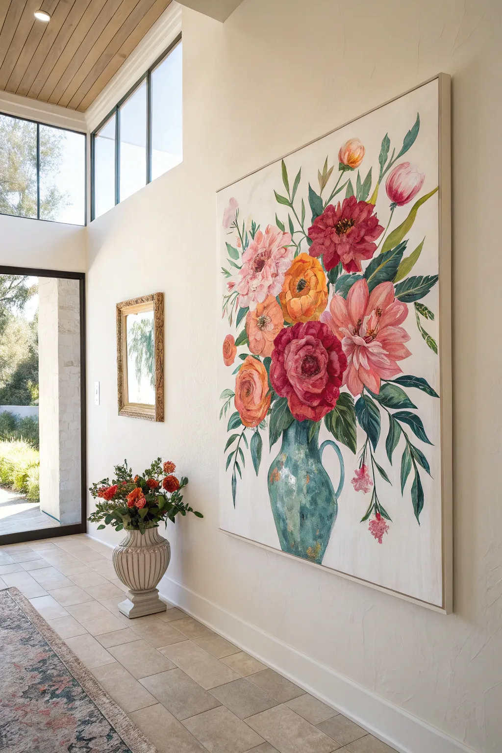 Oversized floral still life wall art with bold blooms, clean lines, and bright Scandinavian light