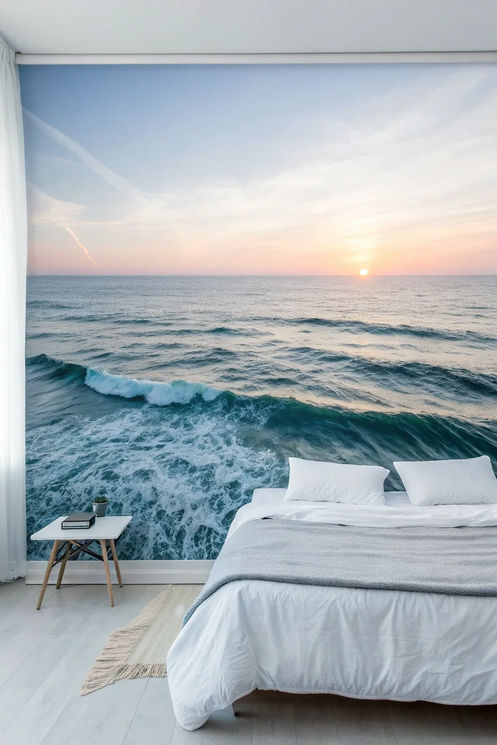 Ocean horizon mural creates a calming, Scandinavian-minimalist bedroom retreat with warm sun glow.