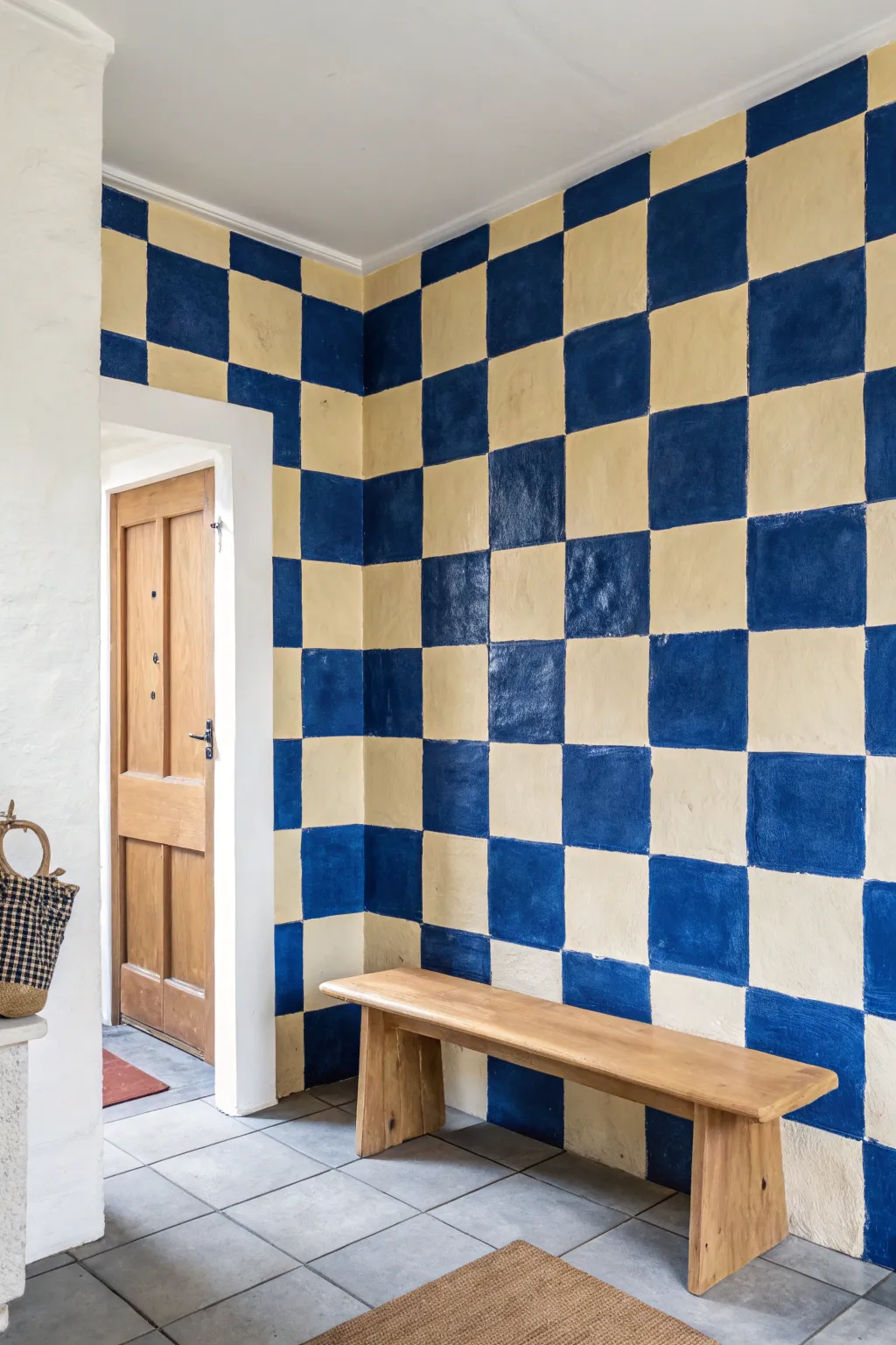 Hand-painted cobalt checkerboard wall adds graphic energy to a calm Scandinavian entryway nook