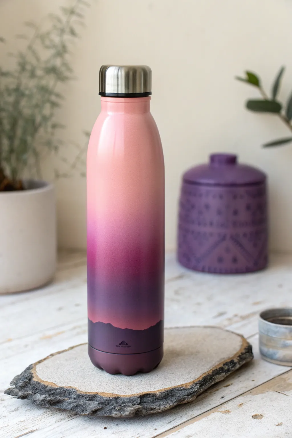 Soft ombre sunset water bottle painting with a sleek horizon silhouette and bold minimalist contrast