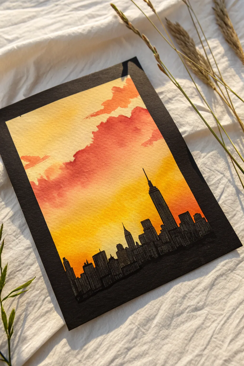 Create a stunning sunset city with this simple yet striking watercolor art idea!